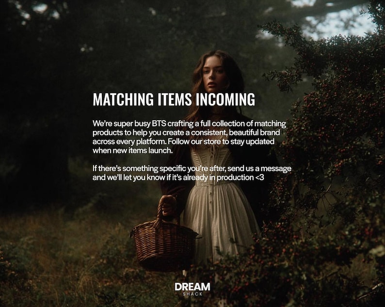 May include: An image with the text "MATCHING ITEMS INCOMING" and a woman in a white dress holding a basket. The text promises a collection of matching products to help create a consistent brand. The Dream Shack logo is at the bottom.