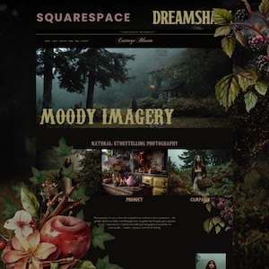 Puede incluir: Diseño web con los textos "Squarespace Dreamshop" y "Moody Imagery". El diseño incluye imágenes de un bosque, una cabaña y una mujer en un entorno forestal. Los elementos decorativos incluyen ilustraciones de acuarela de manzanas, hojas y bayas.