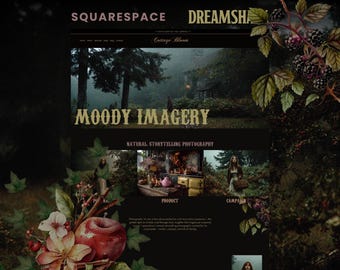 Plantilla Squarespace editorial con ambiente sombrío, diseño web estilo cottagecore oscuro, portafolio creativo para fotógrafos y marcas, Dreamshack