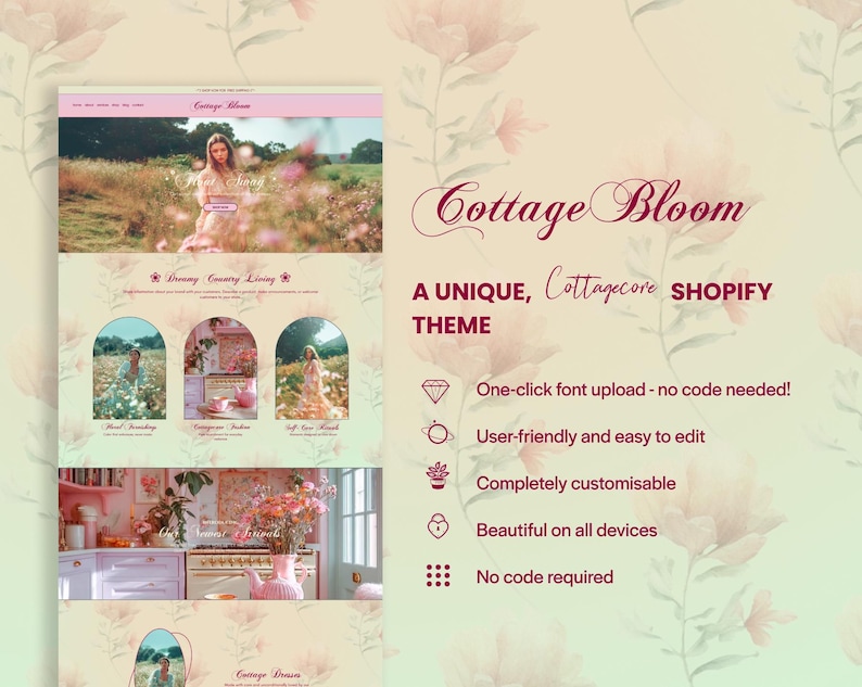 Cottagecore Shopify Theme, Floral Website Design, Floral Branding, Cottagecore Aesthetic Website, MoonBloom - previously Dreamshack image 2
