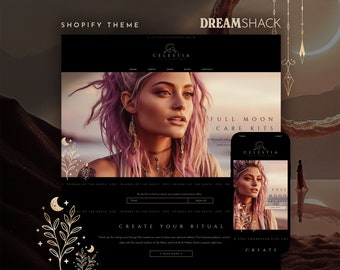 May include: A website homepage for a shop called Celestia, featuring a woman with purple hair and a full moon care kit. The website has a black background with gold accents and the text "Full Moon Care Kits" and "Create Your Ritual".