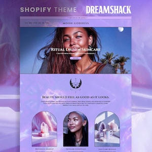 May include: A website design with a purple and white color scheme. The top section features a woman with the text "MOON GODDESS" and "RITUAL DRIVEN SKINCARE." The bottom section includes text about beauty and images of skincare products.