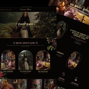 May include: A website design with a dark background, featuring the text "Cottage Bloom" and "Float Away." The design includes images of a woman in a forest, floral arrangements, and kitchenware. The words "Our Newest Arrivals" are also visible.