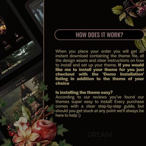 Op de afbeelding: Advertentie voor een digitaal product met een donker thema. De afbeelding toont een tablet met een website-interface met de tekst "SIMPLE PRACTICES FOR" en "FLOAT AWAY". De tekst "HOW DOES IT WORK?" is ook zichtbaar. Bloemen versieren de sc&egrave;ne.