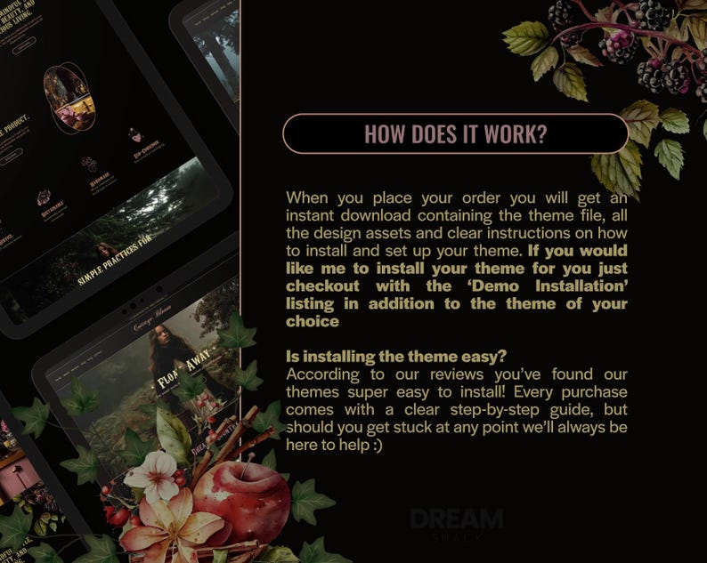 Op de afbeelding: Advertentie voor een digitaal product met een donker thema. De afbeelding toont een tablet met een website-interface met de tekst "SIMPLE PRACTICES FOR" en "FLOAT AWAY". De tekst "HOW DOES IT WORK?" is ook zichtbaar. Bloemen versieren de sc&egrave;ne.
