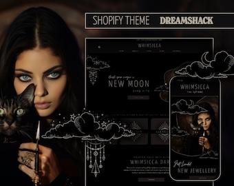 Könnte beinhalten: Eine Frau mit auffälligen blauen Augen hält eine schwarze Katze und eine Kerze. Das Bild wirbt für ein Shopify-Theme namens Dreamshack mit einer dunklen, mystischen Ästhetik. Das Website-Design zeigt den Text "New Moon" und "Whimsicca".