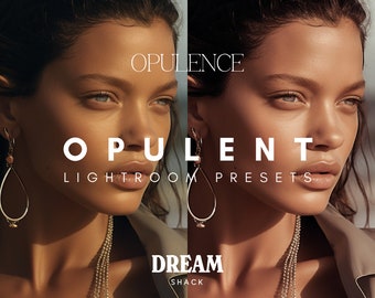 May include: A woman with long dark hair and a golden necklace is featured in a split image. The text "OPULENCE" is displayed in white on a light brown background. The text "OPULENT LIGHTROOM PRESETS" is displayed in white on a dark brown background. The text "DREAM SHACK" is displayed in white on a dark brown background.