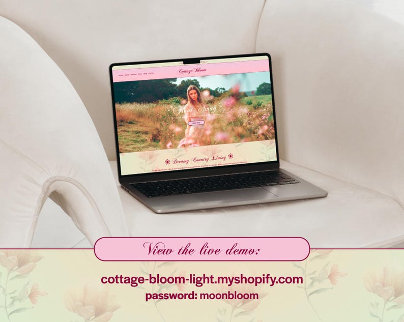 May include: A silver laptop displaying a website with a pink header and a photo of a woman in a field of flowers. The website's name is "Cottage Bloom" and the text "Dreamy Country Living" is visible. The laptop is on a white surface.