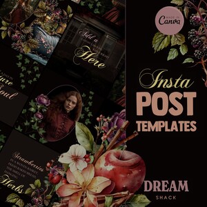 Dark Cottagecore Instagram Templates, Canva Templates, Dark Academia Instagram, Cottagecore Branding, Herbarium Instagram Designs Dreamshack