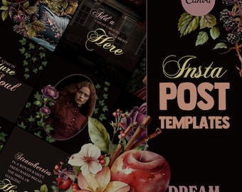 Dark Cottagecore Instagram Templates, Canva Templates, Dark Academia Instagram, Cottagecore Branding, Herbarium Instagram Designs Dreamshack