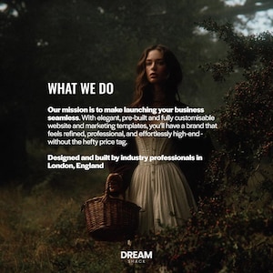 Op de afbeelding: Een vrouw in een witte jurk houdt een gevlochten mand in een bosrijke omgeving. De afbeelding bevat de tekst "WHAT WE DO" en beschrijft het lanceren van een bedrijf met website- en marketingtemplates. De tekst vermeldt ook Londen, Engeland.