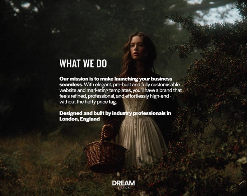 Op de afbeelding: Een vrouw in een witte jurk houdt een gevlochten mand in een bosrijke omgeving. De afbeelding bevat de tekst "WHAT WE DO" en beschrijft het lanceren van een bedrijf met website- en marketingtemplates. De tekst vermeldt ook Londen, Engeland.