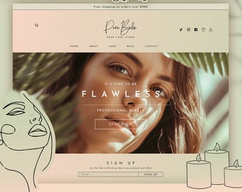 May include: A website interface for Pure Boho featuring a hero image of a face with the text IT'S TIME TO BE FLAWLESS PROFESSIONAL BEAUTY SHOP NOW. The layout includes a navigation menu, social icons, a sign-up field, and decorative line art of a face.