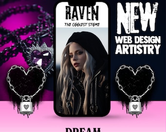 May include: A black and white image of a woman with blonde hair wearing a black leather jacket and a black hooded sweatshirt. The image is on a phone screen with the text "RAVEN THE COOLEST STORE" and "DREAM SHACK" at the top and bottom of the screen. The text "NEW WEB DESIGN ARTISTRY" is on the right side of the image.