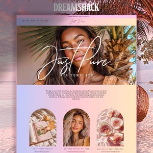 May include: A website template design featuring a woman's portrait and the words "Just Pure" in elegant script. The design has a soft, gradient background and three smaller images below, showcasing beauty and wellness themes.