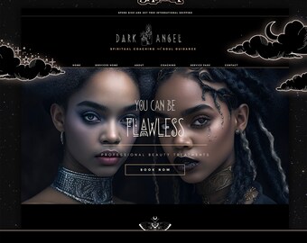 Op de afbeelding: Een website-interface voor Dream Shack met de tekst Dark Angel Spiritual Coaching and Soul Guidance. De lay-out toont twee personen met donker haar, één met een zilveren choker, en de tekst You Can Be Flawless en Book Now.