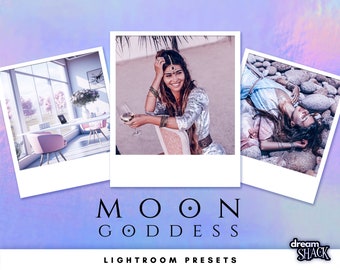 May include: Three Polaroid-style photos with a purple and blue gradient background. The photos show a woman with long hair wearing a silver dress and jewelry, a woman lying on rocks, and a pink chair in a room with a window.