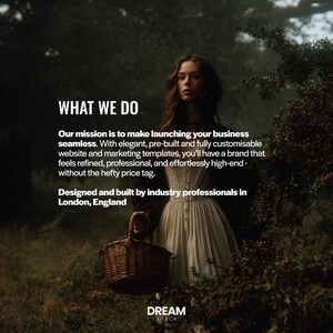 May include: A woman in a white dress holding a woven basket in a forest setting. Text overlay reads "WHAT WE DO" and describes website and marketing templates. The text also mentions London, England.