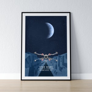 May include: A blue and white poster with a black frame featuring a stylised image of a spaceship flying through a dark space with a crescent moon in the background. The poster reads "Star Wars Episode IV: A New Hope George Lucas, 1977".