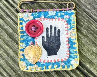 Helping Hand - Hand Stitched Linocut Printed Fabric Brooch