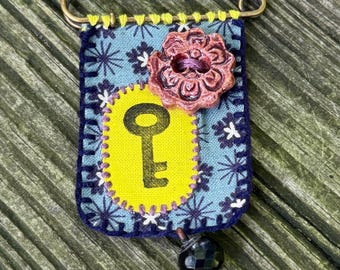 Open Doors - Hand Stitched Linocut Printed Fabric Brooch
