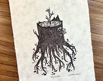 Uprooted Linocut Print 8x10