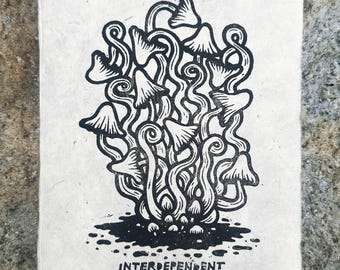 Interdependent Mushrooms Linocut Print 5”x7”