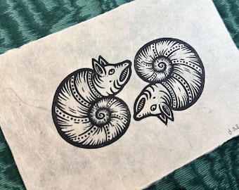 Snail Hog Medieval Marginalia Linocut Print 4x6