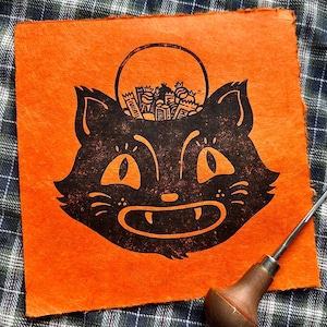 Candy Cat Linocut Print 7”x7”