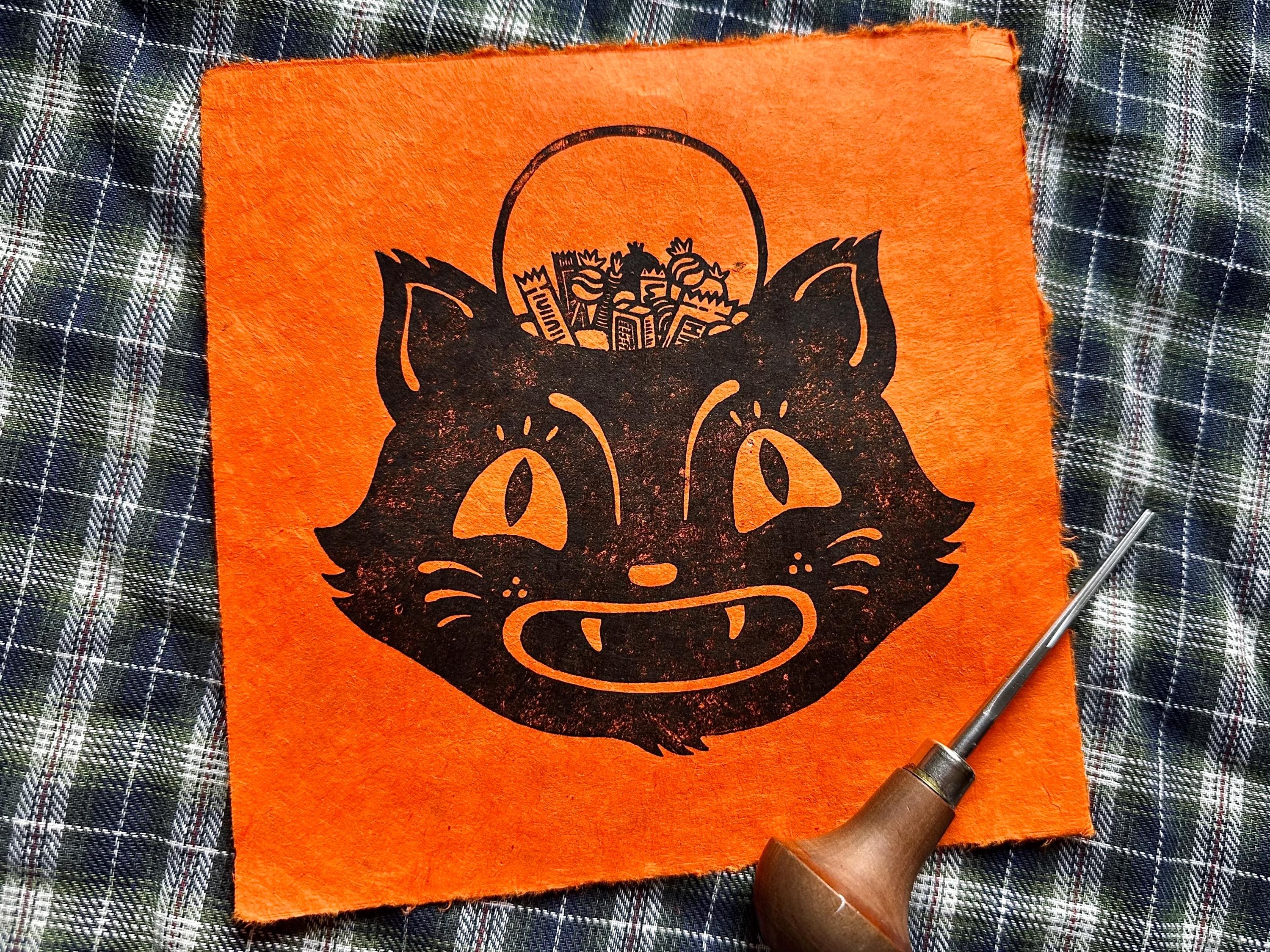 Candy Cat Linocut Print 7”x7”