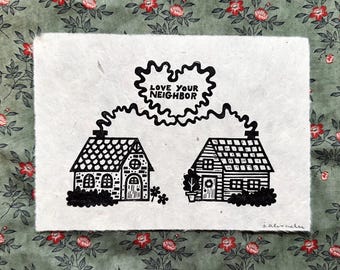 Love Your Neighbor Linocut Print 5x7