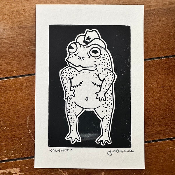 Trans Cowboy Frog “Cornnut” Linocut Print 4”x6”