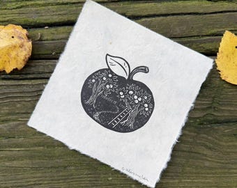 Apple Picking Linocut Print 5"x5"