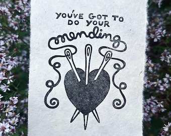 Three of Swords - You’ve Got To Do Your Mending Linocut Print 4”x6”