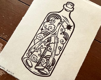 Wishing Bottle Linocut Print 5"x7"