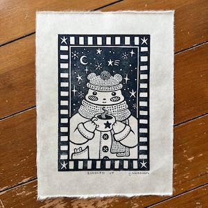 Bundled Up Linocut Print 8”x6”