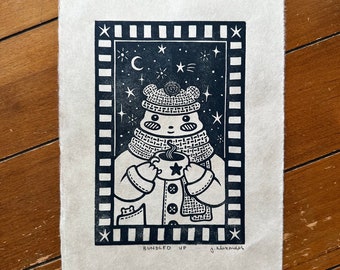 Bundled Up Linocut Print 8”x6”