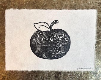 Apple Picking Linocut Relief Print 4x6