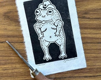 Trans Cowboy Frog "Cornnut" Linocut Print 4"x6"