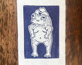 Trans Cowboy Frog &quot;Cornnut&quot; Linocut Print 4&quot;x6&quot;