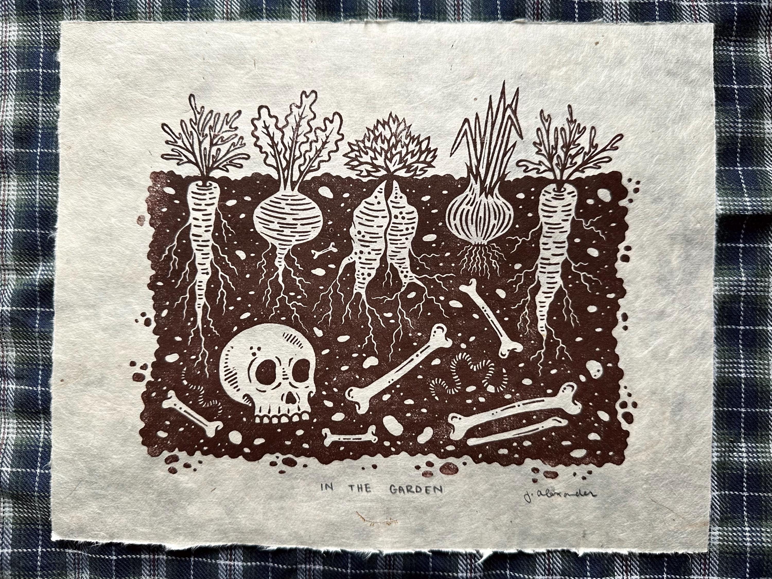 In The Garden Linocut Print 10”x8”