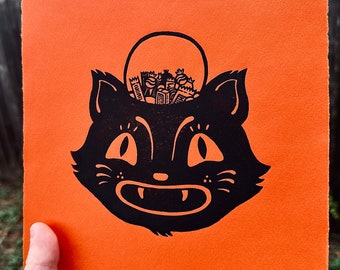 Candy Cat Linocut Print 8”x8”