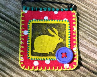 Red Rabbit - Hand Stitched Linocut Printed Fabric Brooch