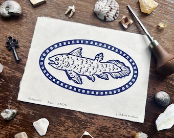 Against All Odds - Coelacanth Linocut Print 5"x7"