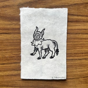 Balaclava Beast Medieval Marginalia Linocut Print 4&quot;x6&quot;