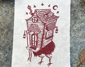 Baba Yaga Linocut Print 5"x7"