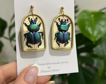 Insect earrings, Beetle clay earrings, bug polymer clay earrings