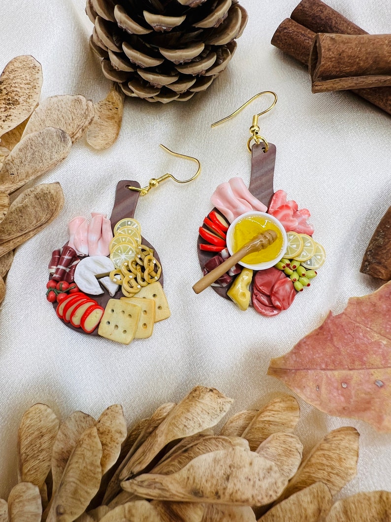 Miniature charcuterie board clay earrings, miniature food clay earrings, fake food 5 large (3/4.5 cm)