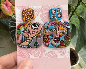 cubism polymer clay earrings, artistic earrings.