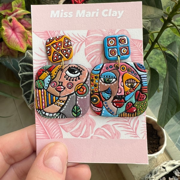 cubism polymer clay earrings, artistic earrings.